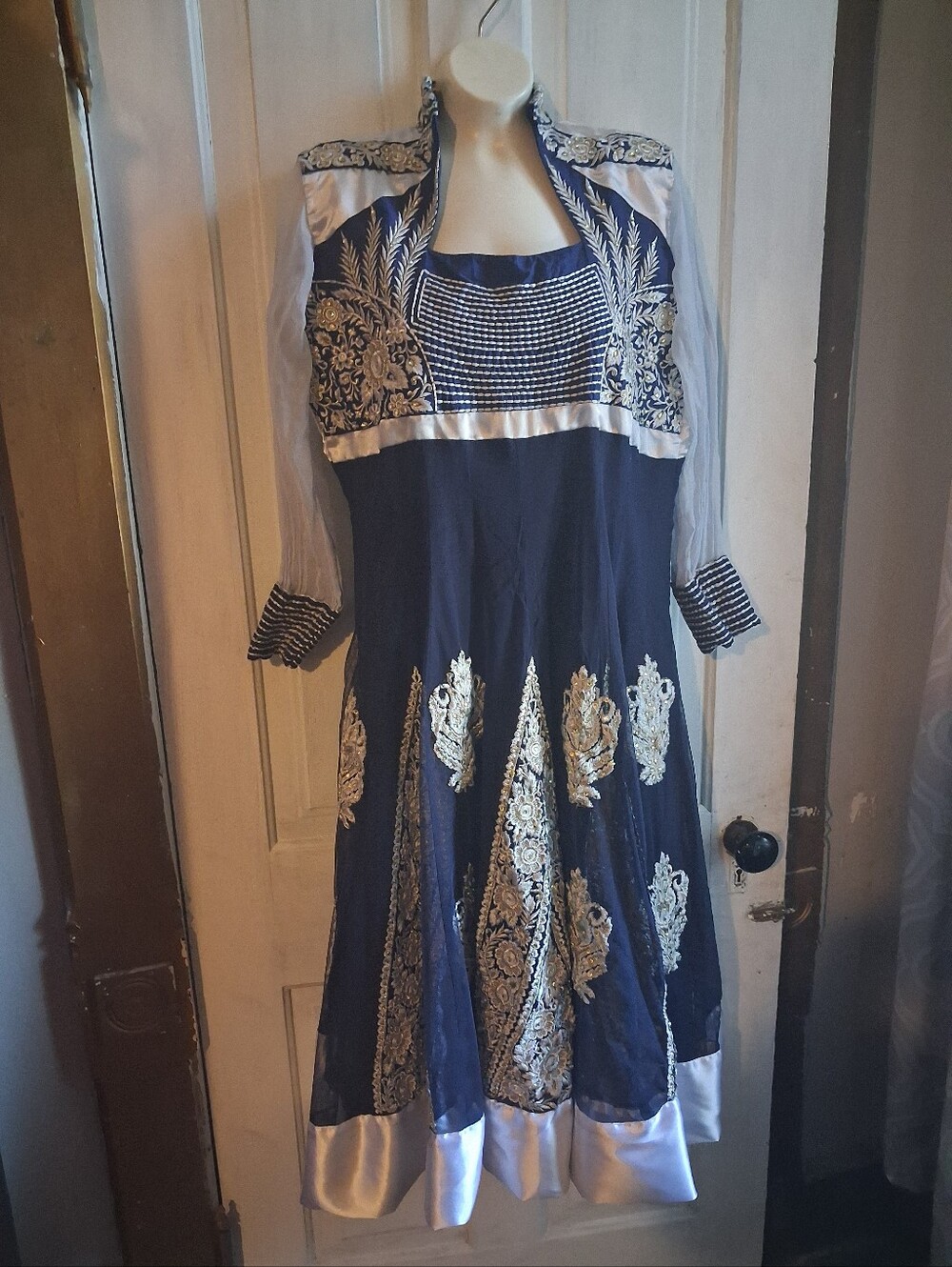 Pakistani? Navy Blue Embroidered Formal Dress with Silver/gold Accents Size L?
